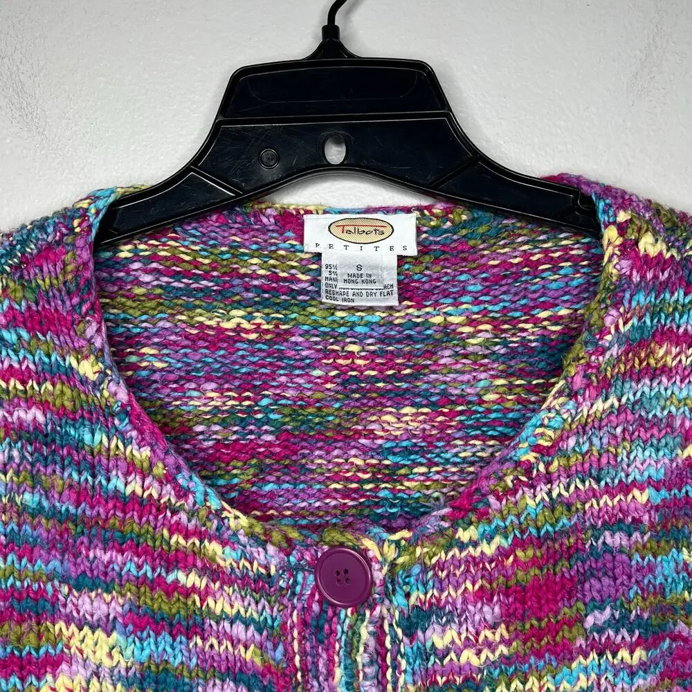 VTG Talbots Petite S‎ Rainbow Cardigan Sweater Artsy Marled Knit Y2K Granny Boho